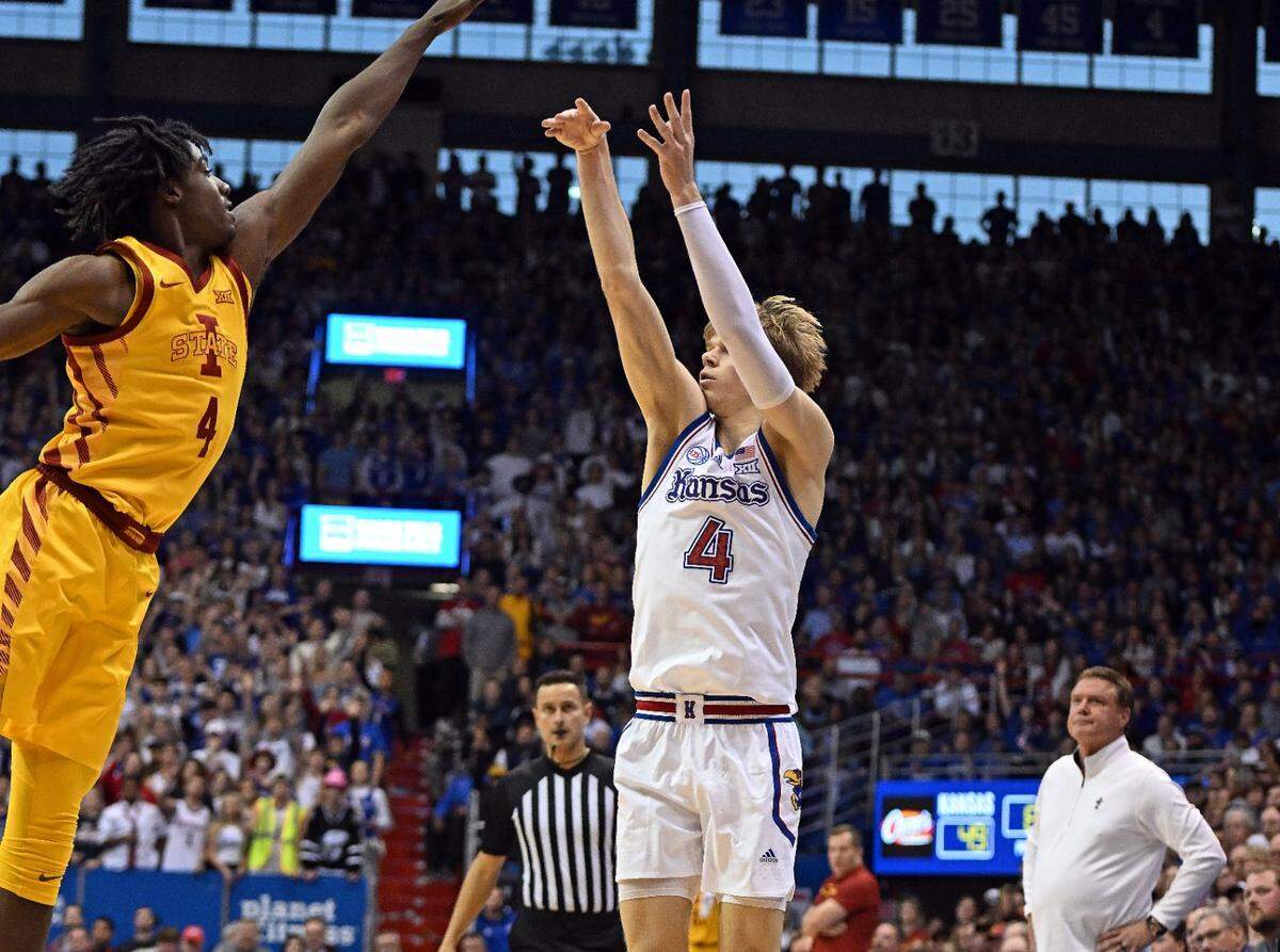 The Jayhawks leaned on freshman Gradey Dick in a 62-60 win over Iowa State. Dick led KU with 21 points, including this three-pointer from the left wing.