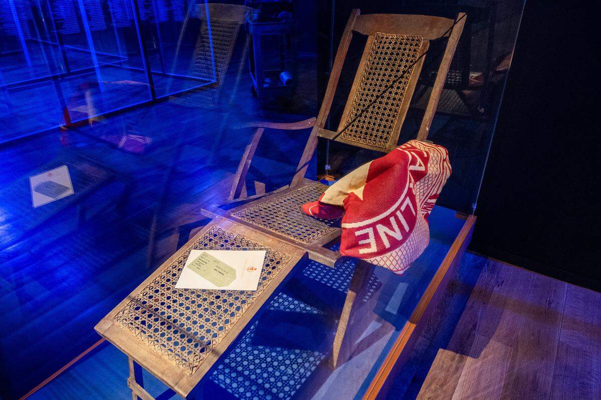 A deck chair from the Titanic is on display at the Titanic: An Immersive Voyage exhibit at Union Station on Thursday, Nov. 6, 2025, in Kansas City.