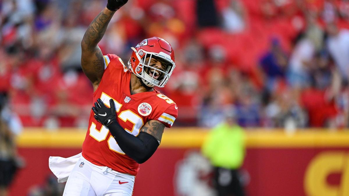 Kansas City Chiefs inside linebacker Anthony Hitchens (53) celebrates after sacking Minnesota Vikings quarterback Kirk Cousins(8) in the first half of the preseason game on Friday, Aug. 27, at Arrowhead Stadium in Kansas City.