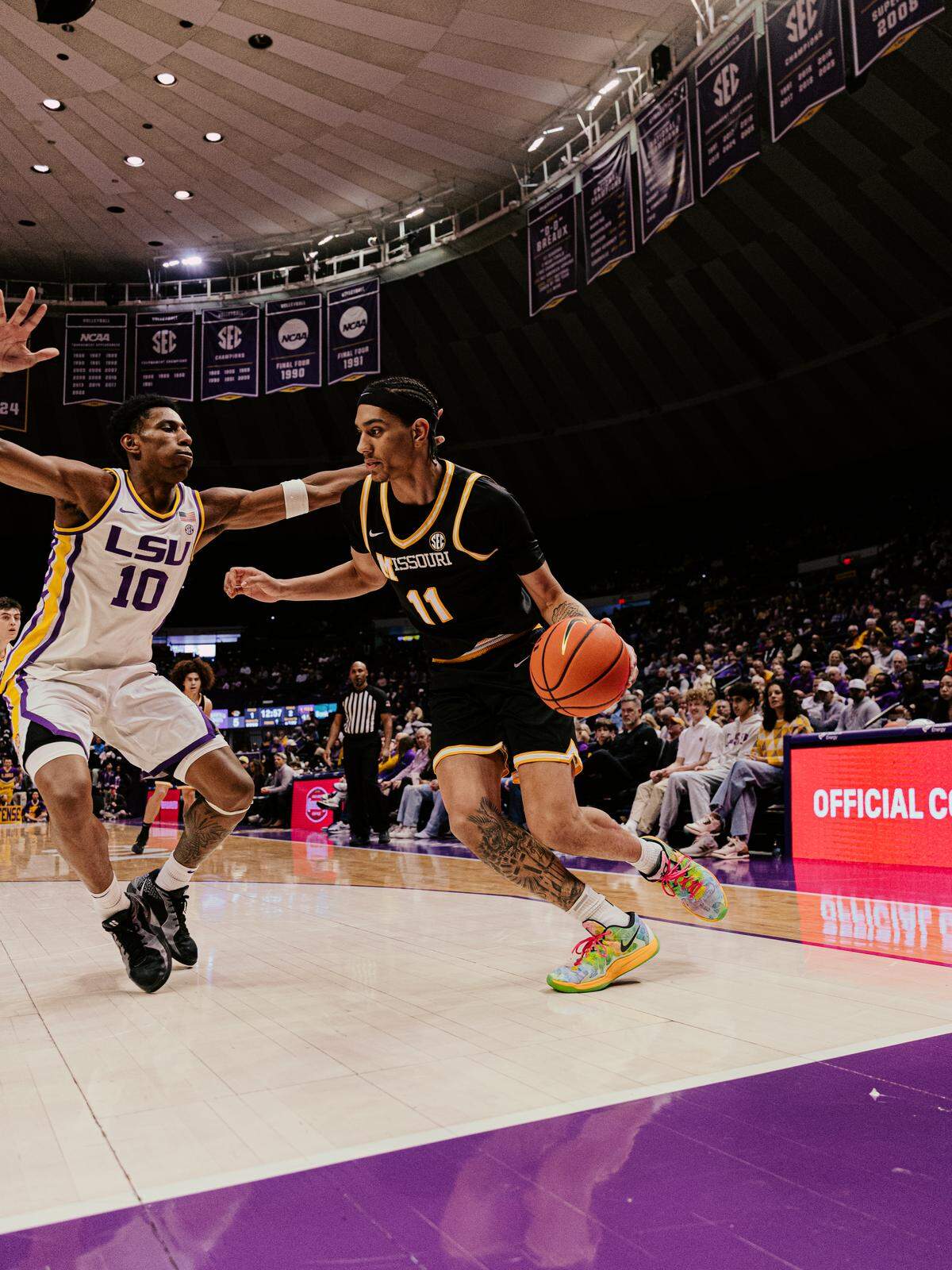 Mizzou basketball forward Trent Pierce drives against LSU during an SEC game on Jan. 17, 2026.