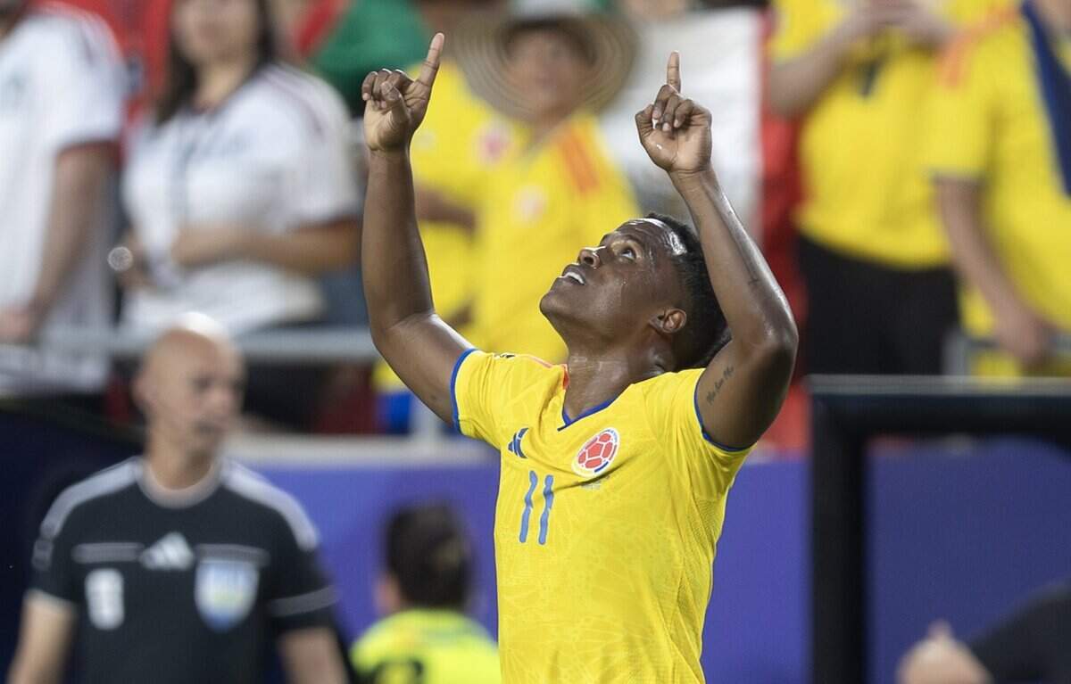 Colombia midfielder Jhon Arias (11) celebrates a goal against Ghana during a FIFA World Cup knockout stage soccer match at Kansas City (Arrowhead) Stadium in Kansas City on Friday, July 3, 2026.
