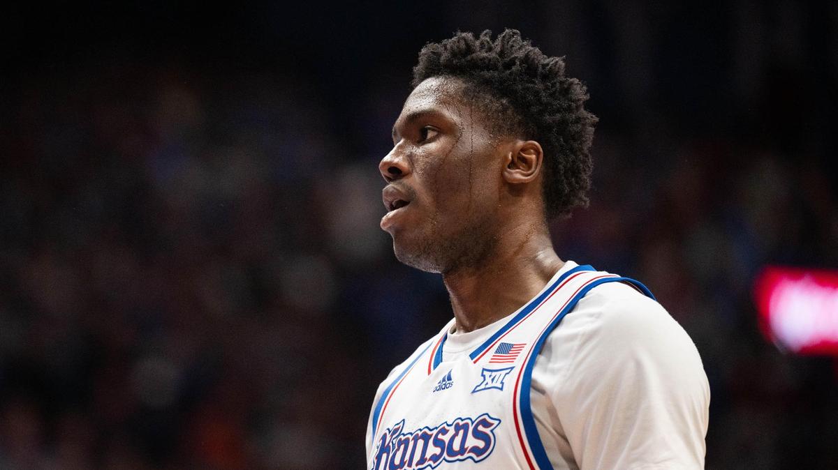 Kansas Jayhawks forward Flory Bidunga during a timeout in the second half of a game vs. the Houston Cougars on Saturday, Jan. 25, 2025, at Allen Fieldhouse.