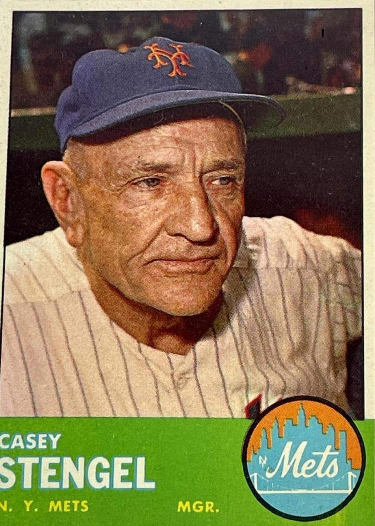 Casey Stengel, as pictured on a 1963 Topps baseball card, when he was managing the New York Mets.
