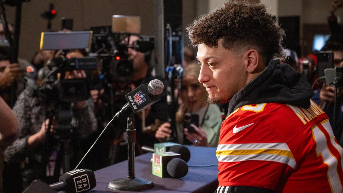 Chiefs quarterback Patrick Mahomes answers questions during media availability at the team hotel in Henderson, Nev., on Thursday, Feb. 8, 2024, before Sunday’s Super Bowl LVIII.