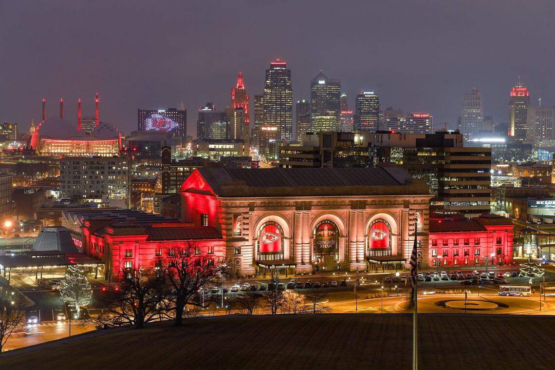 The view of the skyline looking north from the Liberty Memorial is aglow in Chiefs spirit, with landmarks such as Union Station, the Kauffman Center for the Performing Arts, Bartle Hall, the Downtown Marriott and more lit up in red.