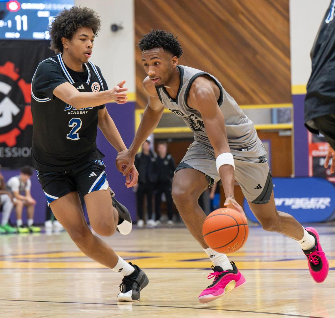 Prolific Prep guard Darryn Peterson (24) drives the ball past a DME Academy player in the first half during the Grind Session High School Basketball World Championships at Coffin Sports Complex on Saturday, March 22, 2025, in Lawrence, Kansas.