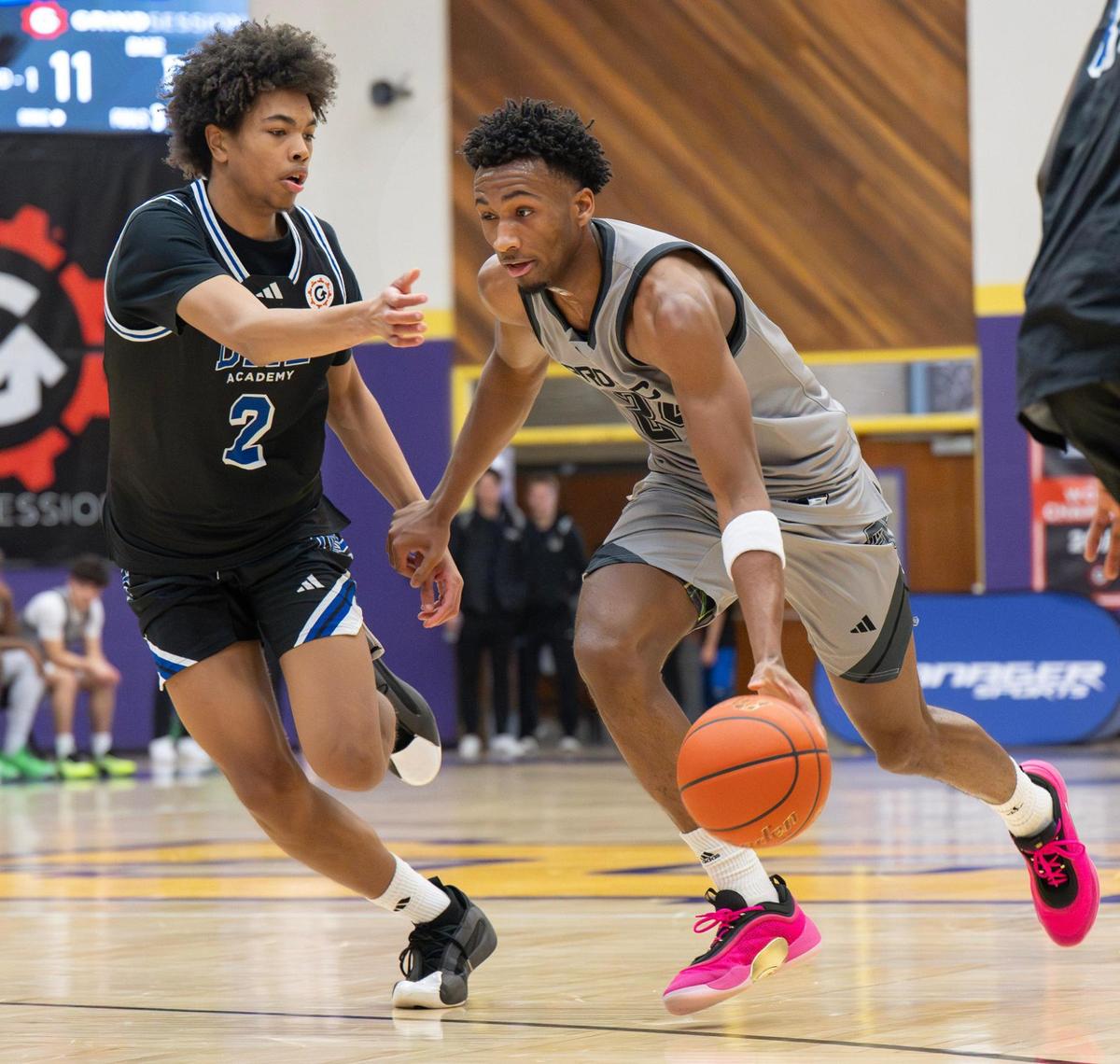 Prolific Prep guard Darryn Peterson (24) drives the ball past a DME Academy player in the first half during the Grind Session High School Basketball World Championships at Coffin Sports Complex on Saturday, March 22, 2025, in Lawrence, Kansas.