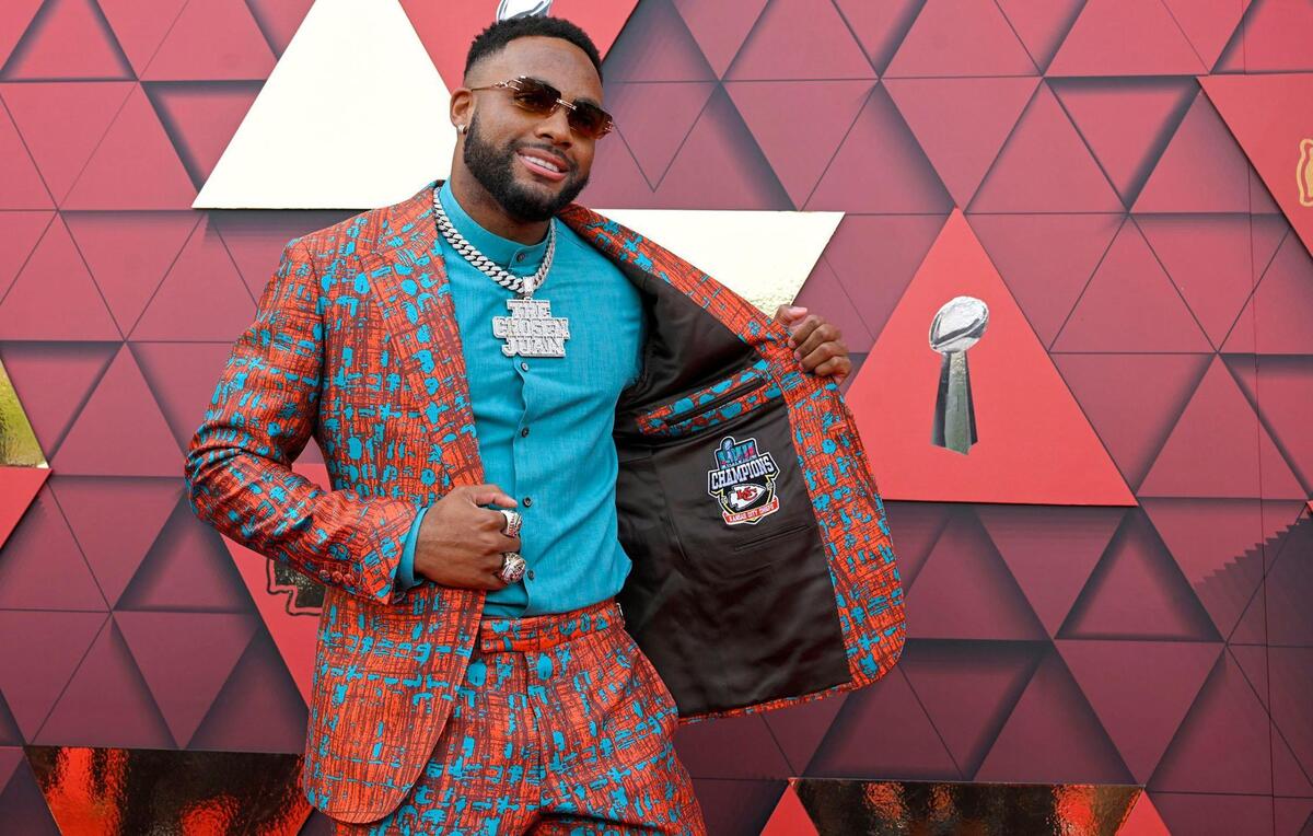 Former Kansas City Chiefs safety Juan Thornhill showed his style as he walked the red carpet at Union Station for the Super Bowl LVII championship ring ceremony on Thursday, June 15, 2023, in Kansas City.