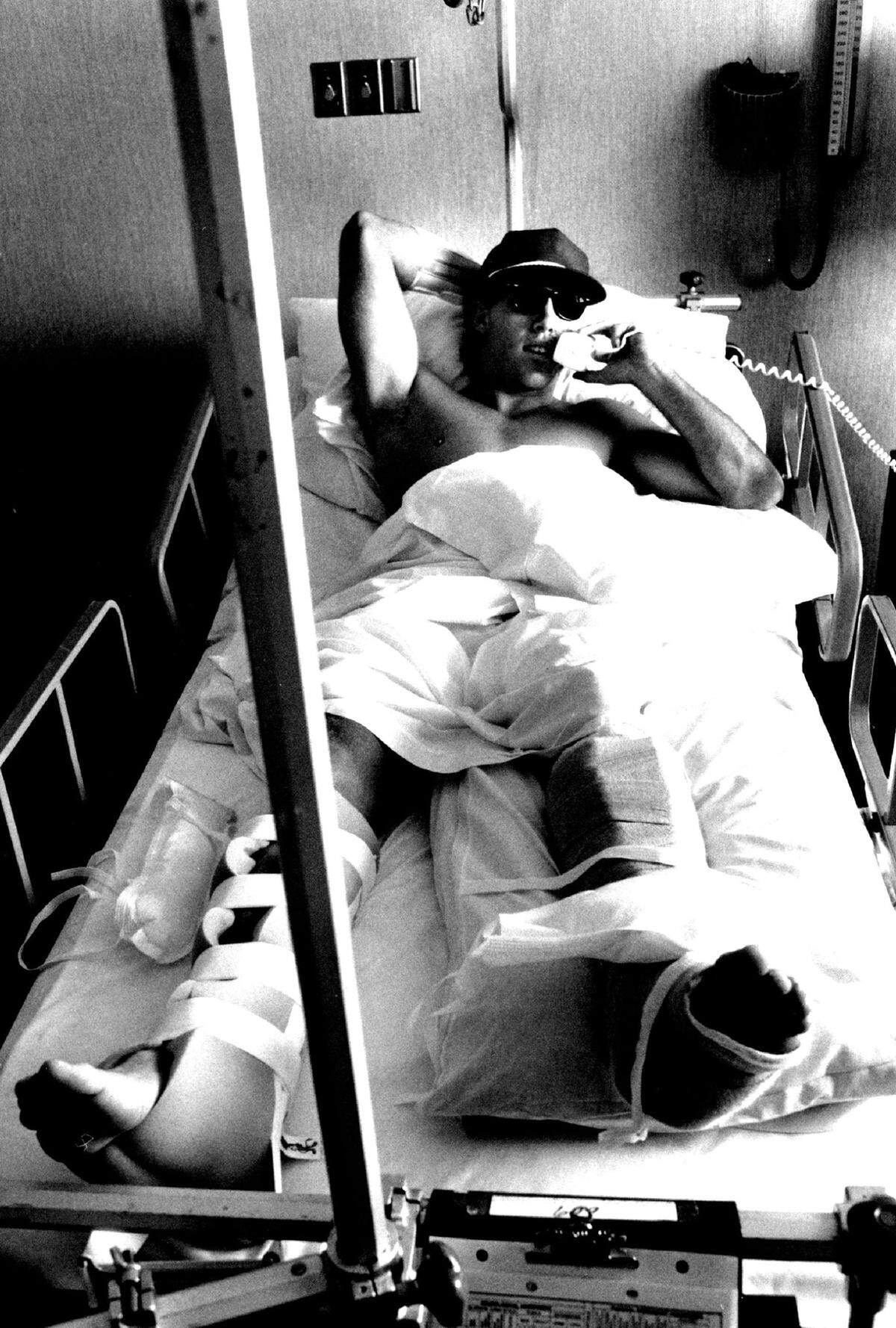 Chiefs quarterback Frank Seurer recuperates after a car accident in 1987.