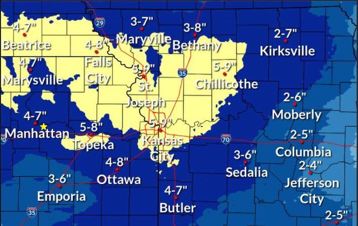 Expected snowfall totals were bumped up a little for the Kansas City metro area from the winter storm on Thursday and Friday, according to an updated forecast from the National Weather Service in Kansas City. Between 5 and 9 inches of snow is now expected in the metro.