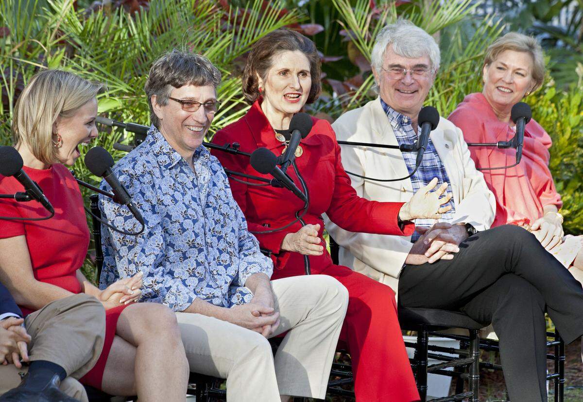 Descendants of former presidents gathered in 2013 at Harry Truman’s “Little White House” in Key West, Florida, from left: Margaret Hoover, great-granddaughter of Herbert Hoover; Clifton Truman Daniel, grandson of Harry S. Truman; Lynda Johnson Robb, daughter of Lyndon Johnson; Donald Nixon, nephew of Richard Nixon; and Susan Ford Bales, daughter of Gerald Ford.