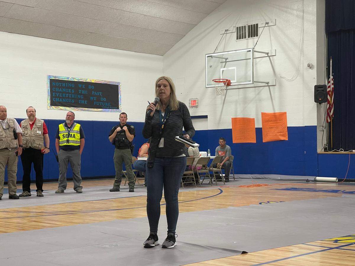 Mary Bis, senior director of emergency management for Amtrak, speaks at Northwest High School in Mendon, Missouri. 