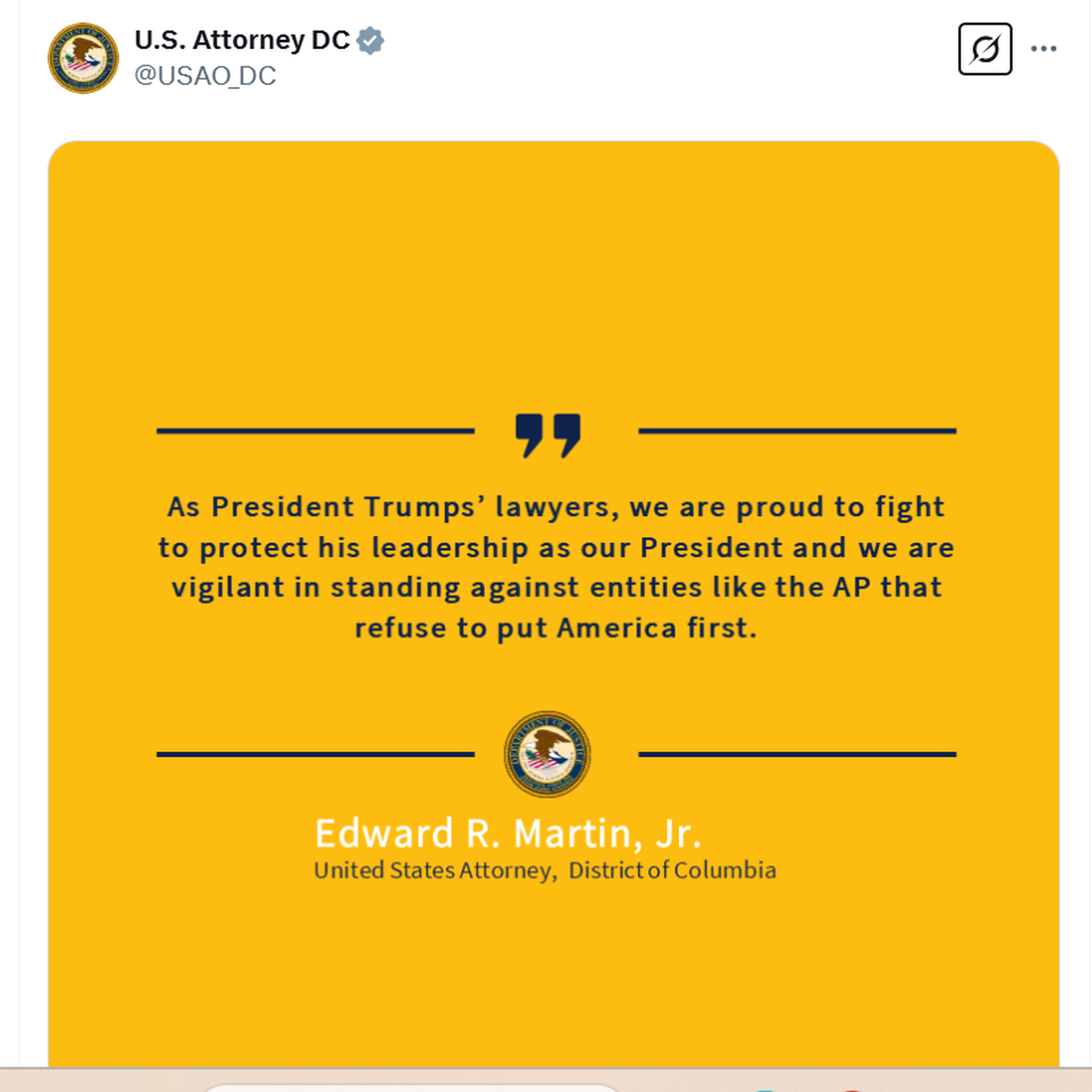 A post on the U.S. Attorney for the District of Columbia’s X account refers to the office as “President Trumps’ lawyers.”