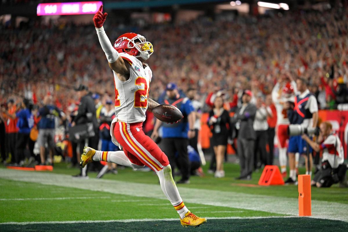 Kansas City Chiefs wide receiver Skyy Moore (24) scored a touchdown during the second half of Super Bowl LVII between the Kansas City Chiefs and the Philadelphia Eagles on Sunday, Feb. 12, 2023, at State Farm Stadium in Glendale, Arizona. The Chiefs won 38-35.