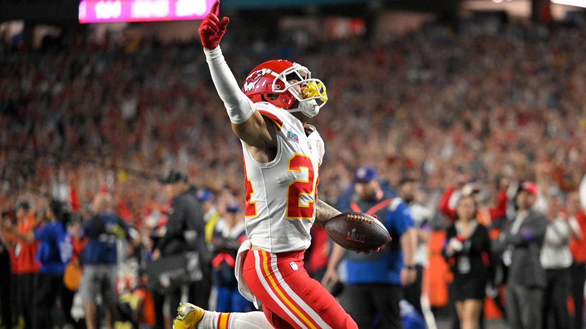 Kansas City Chiefs wide receiver Skyy Moore (24) scored a touchdown during the second half of Super Bowl LVII between the Kansas City Chiefs and the Philadelphia Eagles on Sunday, Feb. 12, 2023, at State Farm Stadium in Glendale, Arizona. The Chiefs won 38-35.