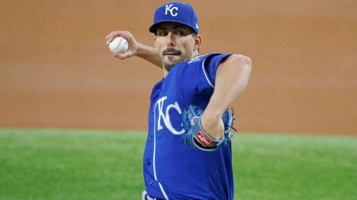 Kansas City Royals starting pitcher Kyle Zimmer throws against the Texas Rangers during the first inning of a baseball game Saturday, June 26, 2021, in Arlington, Texas. (AP Photo/Michael Ainsworth)