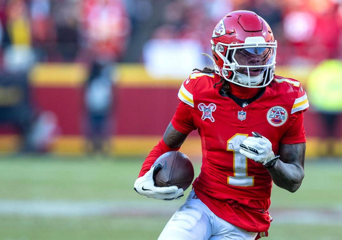 Kansas City Chiefs wide receiver Xavier Worthy (1) runs for a first down in the second half against the Houston Texans at GEHA Field at Arrowhead Stadium on Saturday, Dec. 21, 2024.