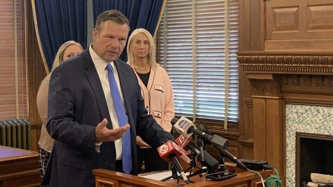 Kansas Attorney General Kris Kobach holds a news conference to discuss his opinion on the implementation of SB 180.