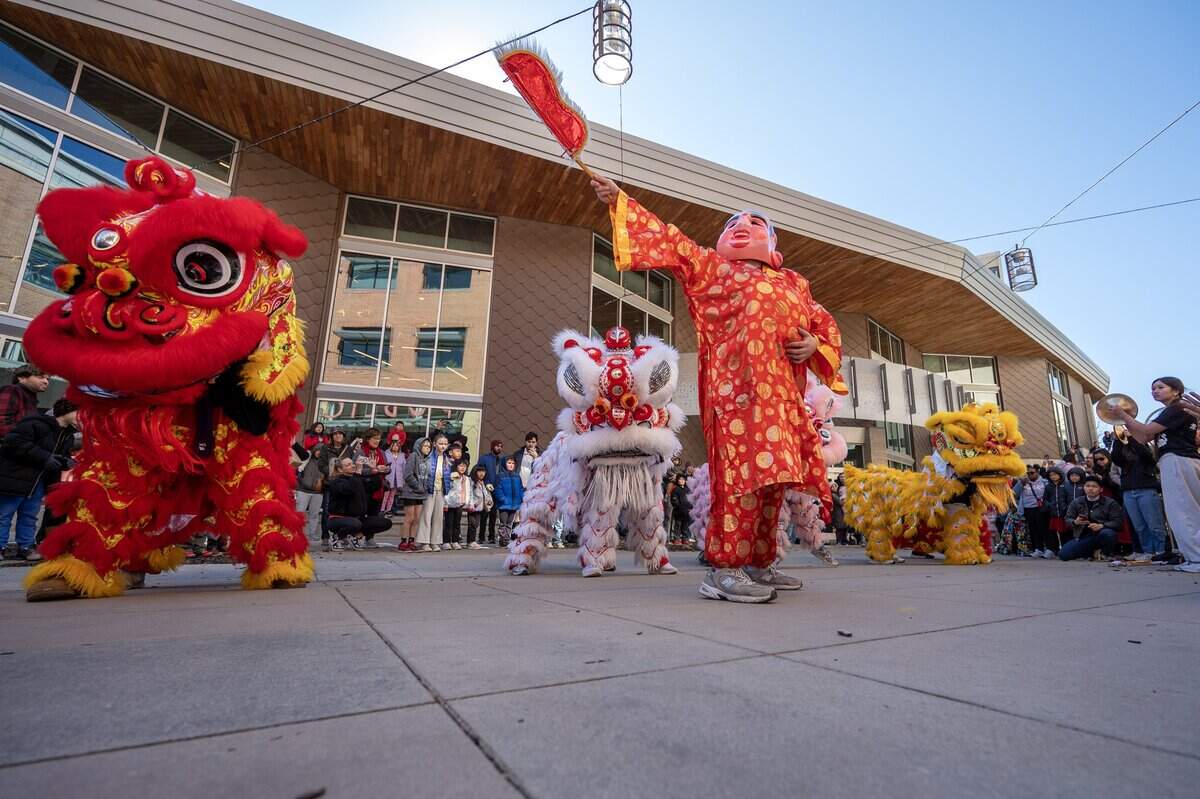 Th?n Phúc Lion Dance team perform during a Lunar New Year celebration at the Lenexa Public Market on Sunday, Feb. 22, 2026, in Lenexa.