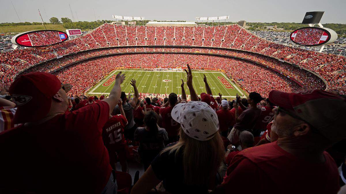 Fans do the tomahawk chop as the Kansas City Chiefs and the Cleveland Browns play during the first half of an NFL football game at Arrowhead Stadium, Sunday, Sept. 12, 2021, in Kansas City, Mo. (AP Photo/Charlie Riedel)