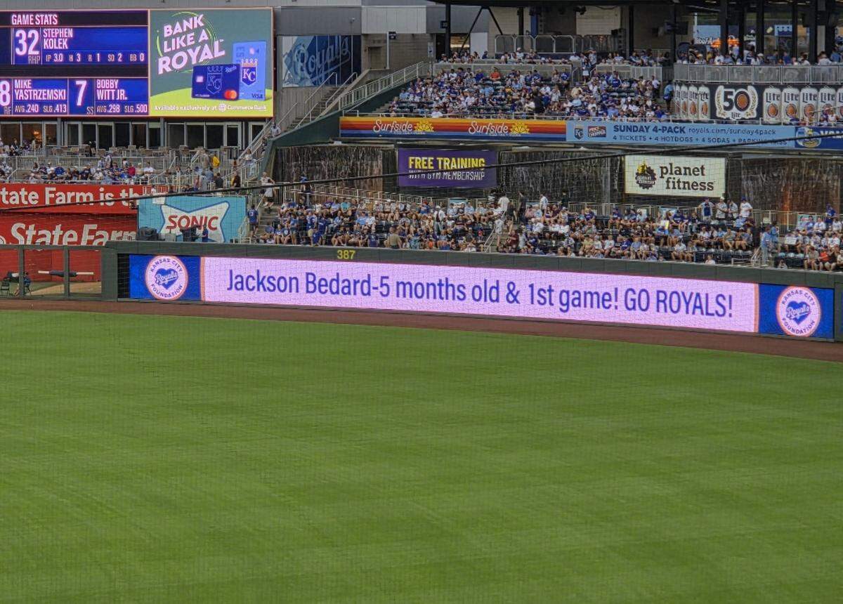 During the 2025 season, Jeff Frost’s grandson went to his first Kansas City Royals game, where his name was displayed on the outfield wall to celebrate the moment at Kauffman Stadium.