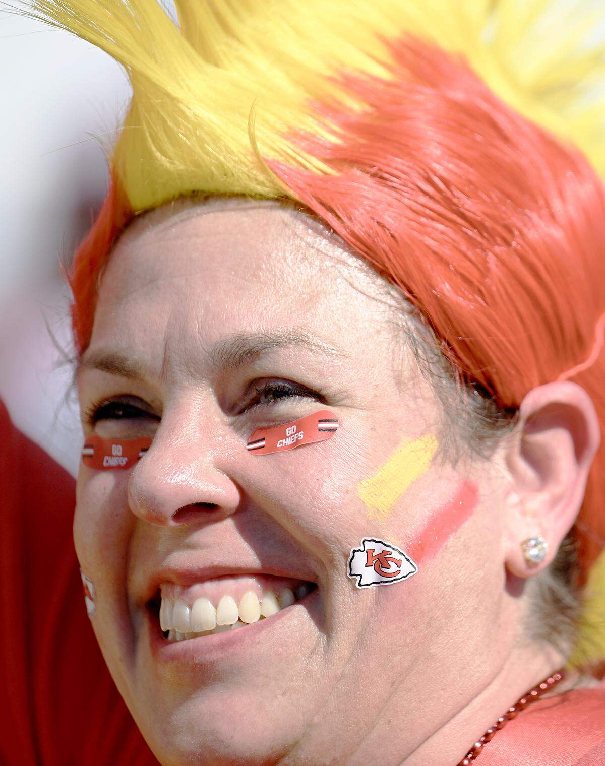 Kansas City Chiefs fan Laura Ford-Arunakul, Blue Springs, Mo., was wearing the team colors for during Super Bowl LVII Sunday, Feb. 12, 2023, in Glendale, Ariz.