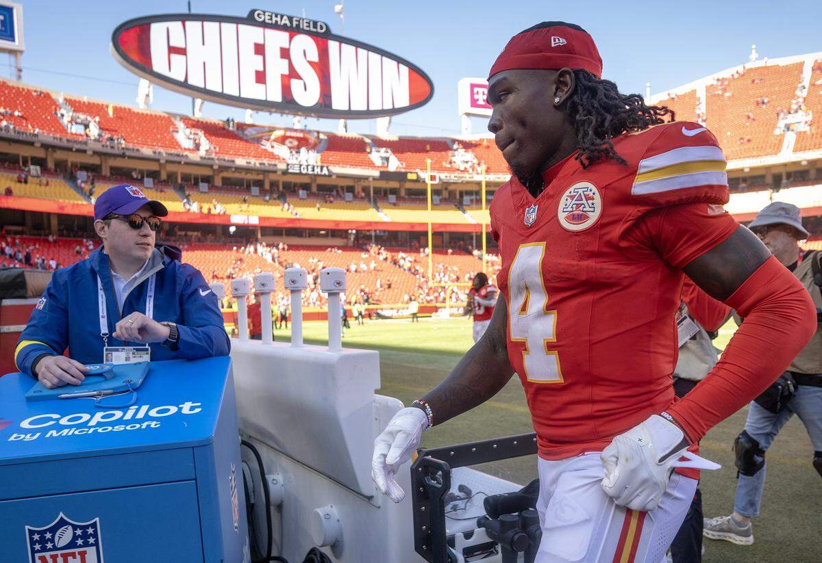 Chiefs wide receiver Rashee Rice eaves the field after scoring two touchdowns against the Las Vegas Raiders on Sunday, Oct. 19, 2025 at GEHA Field at Arrowhead Stadium in Kansas City. 