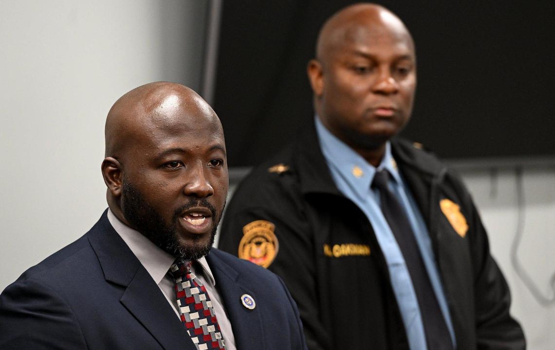 Mark Dupree, Wyandotte County district attorney, left, spoke at a Monday afternoon news conference about the opening of an investigation into cases handled by former Kansas City, Kansas, police detective Roger Golubski. Karl Oakman, Kansas City, Kansas, police chief, is at right.