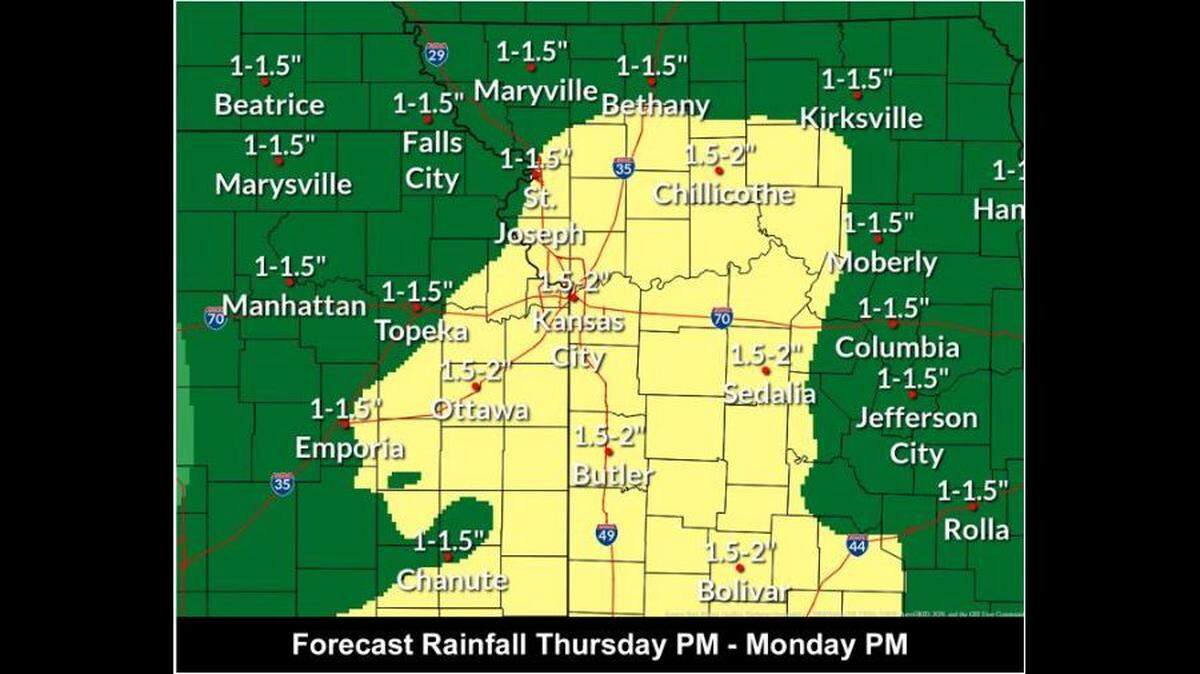 Two rounds of rain showers are expected between Thursday and Christmas in the Kansas City area. Rainfall totals are expected to be 1 to 2 inches, with some areas possibly seeing higher amounts, according to the National Weather Service. This could lead to minor flooding in some smaller river basins.