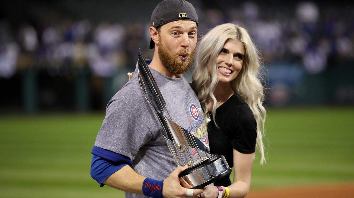 2016 World Series MVP Ben Zobrist #18 of the Chicago Cubs celebrates with his wife Julianna Zobrist after defeating the Cleveland Indians 8-7 in Game Seven of the 2016 World Series at Progressive Field on November 2, 2016 in Cleveland, Ohio. The Cubs win their first World Series in 108 years. (Photo by Ezra Shaw/Getty Images)