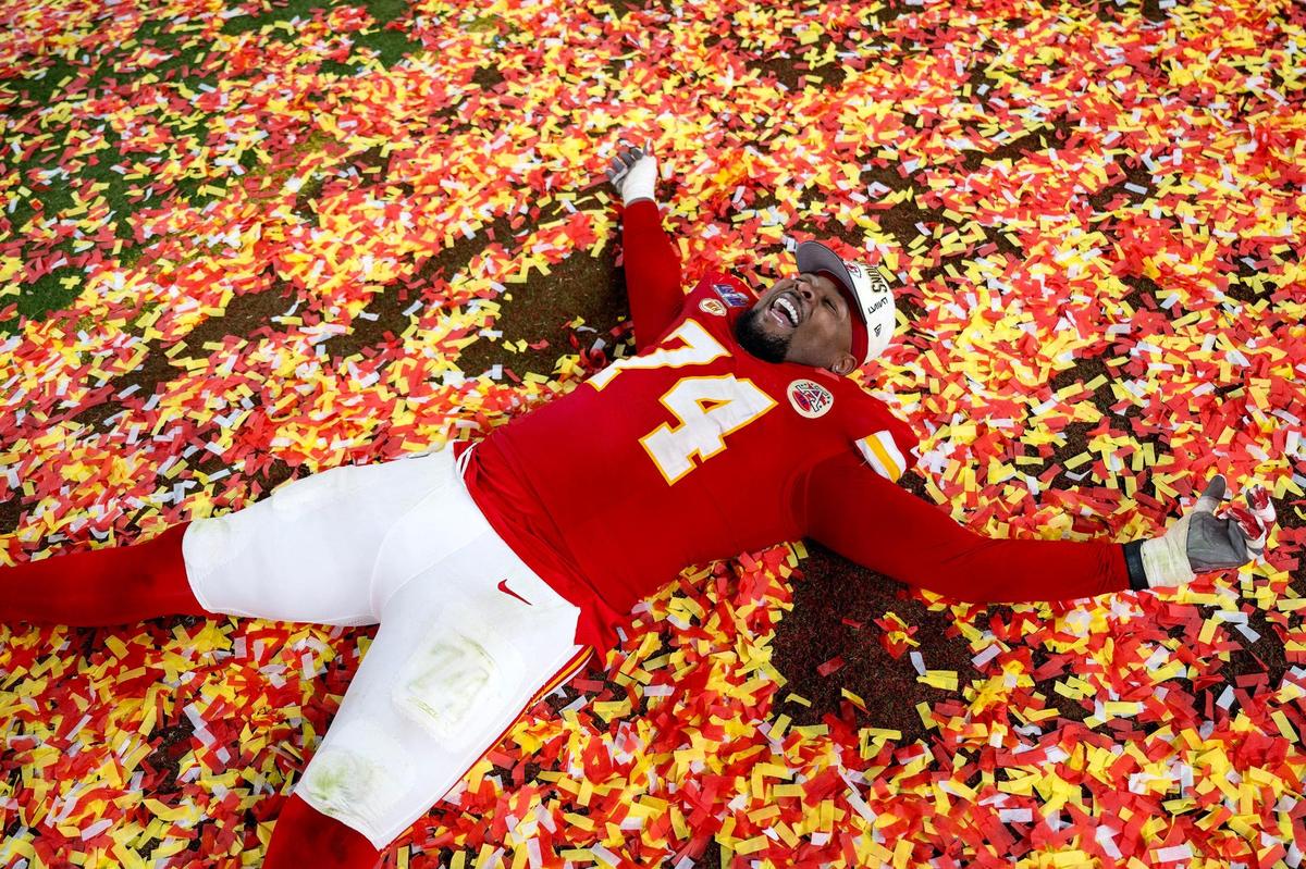 Kansas City Chiefs offensive tackle Jawaan Taylor (74) celebrates in confetti after the Chiefs defeated the San Francisco 49ers in overtime 25-22 in Super Bowl LVIII on Sunday, Feb. 11, 2024, in Las Vegas.