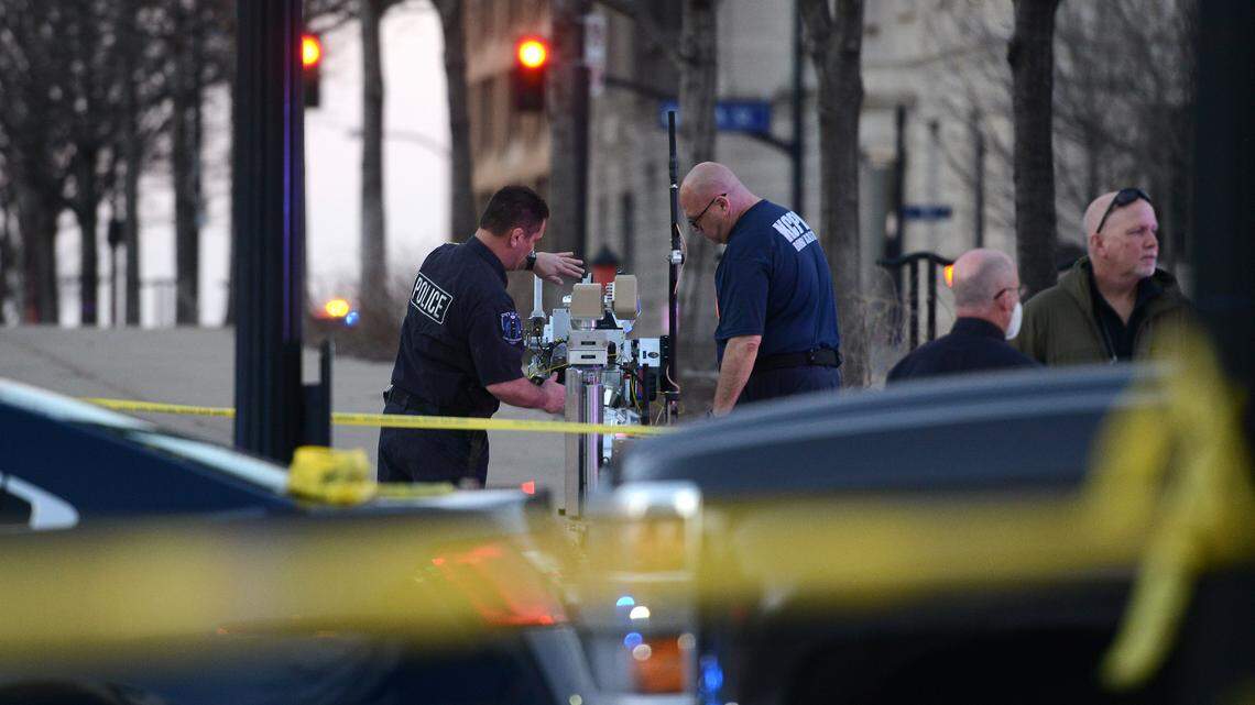 The Kansas City Police Department investigates a suspicious package March 3, 2021, near the Charles Evans Whittaker Courthouse in downtown Kansas City.
