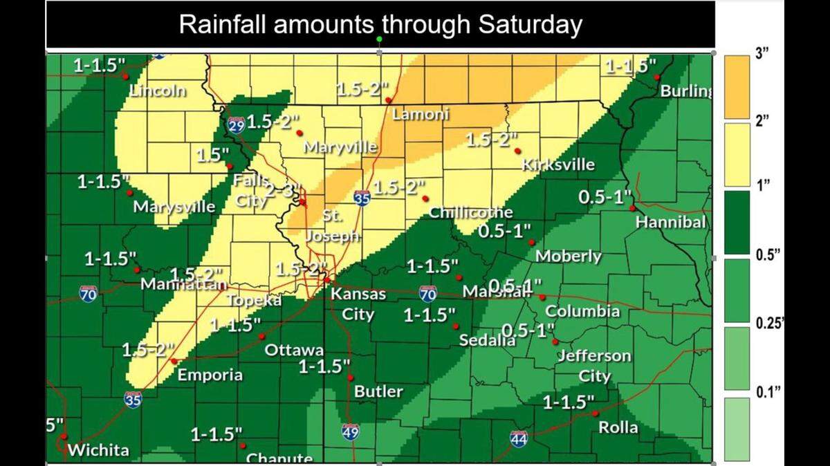Although widespread severe weather is not expected, there is a possibility for isolated strong to severe storms to develop, according to the National Weather Service in Kansas City. The primary threat from the strongest storms will be winds of up to 60 mph and isolated hail up to one inch in diameter. Between 1 to 2 inches of rain expected, with some areas seeing higher amounts.