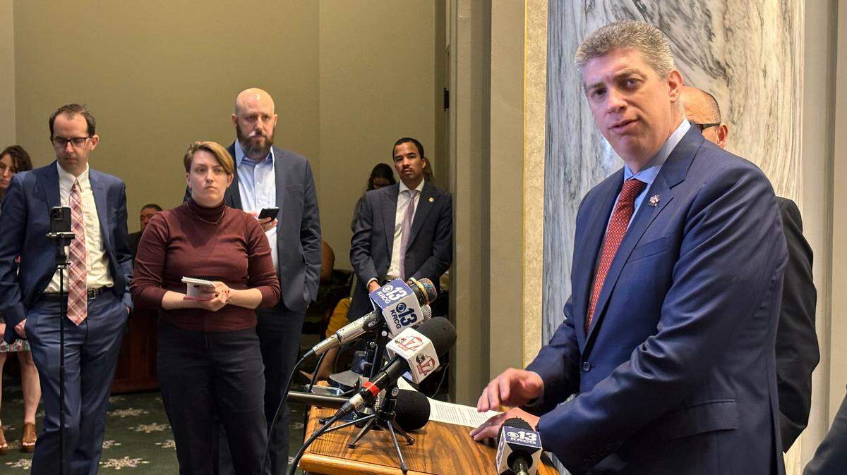 Sen. Bill Eigel, a Weldon Spring Republican running for governor, speaks to reporters.