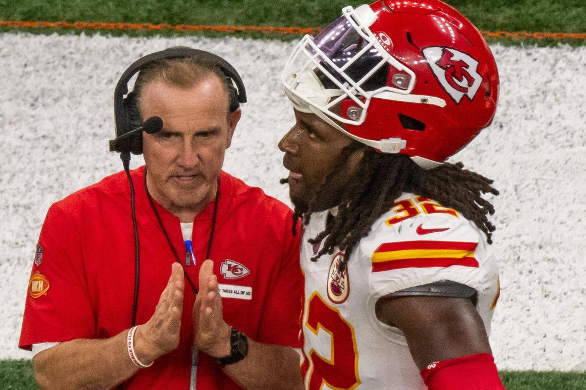 Kansas City Chiefs linebacker Nick Bolton talks with Defensive Coordinator Steve Spagnuolo during a timeout in the second half during Super Bowl LIX on Sunday, Feb. 9, 2025, in New Orleans.