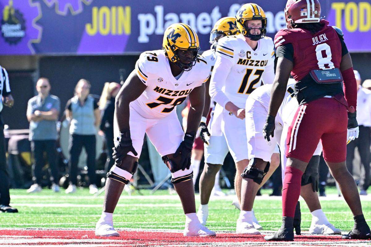 Missouri Tigers offensive lineman Armand Membou (79) lines up against the Massachusetts Minutemen during the first half at Warren McGuirk Alumni Stadium on Oct. 12, 2024.