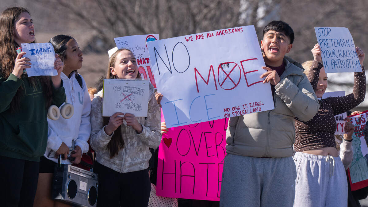 Lee’s Summit High School students stage a walk-out in protest of ICE polices on Friday, Feb. 20, 2026.