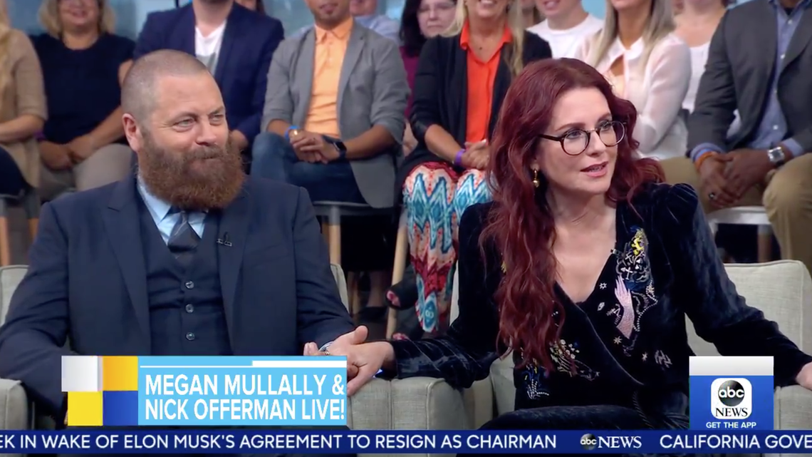Nick Offerman and Megan Mullally are releasing a book Tuesday titled “The Greatest Love Story Ever Told: An Oral History.” The Parks and Recreation stars appeared on Good Morning America to promote the book.