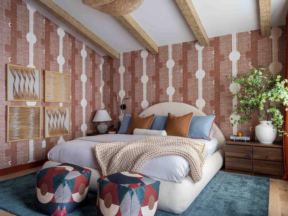 The main bedroom has a vibrant, retro feel.