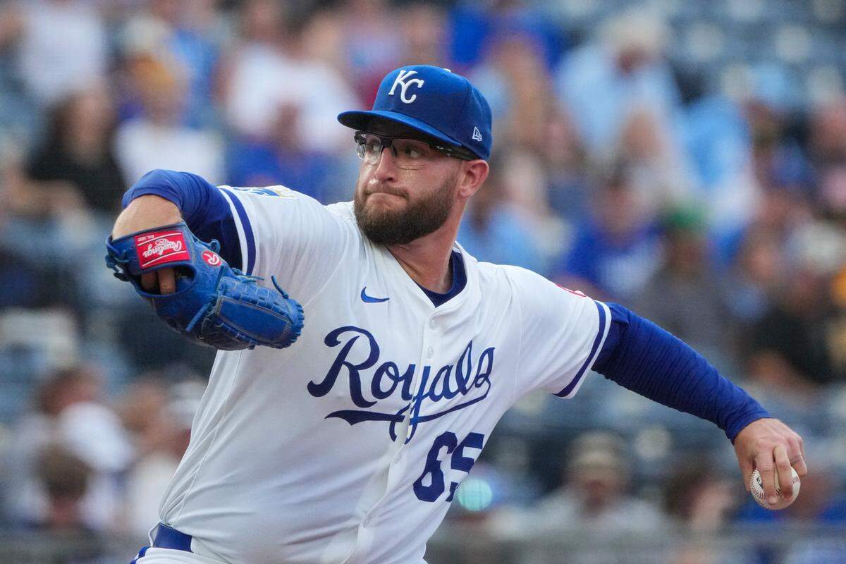 Royals starter Noah Cameron delivers a pitch against the Pittsburgh Pirates on Monday, July 7, 2025 at Kauffman Stadium in Kansas City.