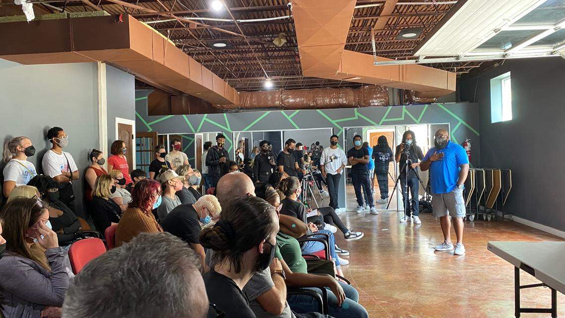Murray Woodard speaks at a community town hall at Equal Minded Cafe on Saturday. The event was attended by community activists, parents and students to address racist incidents that have taken place at area schools this year.