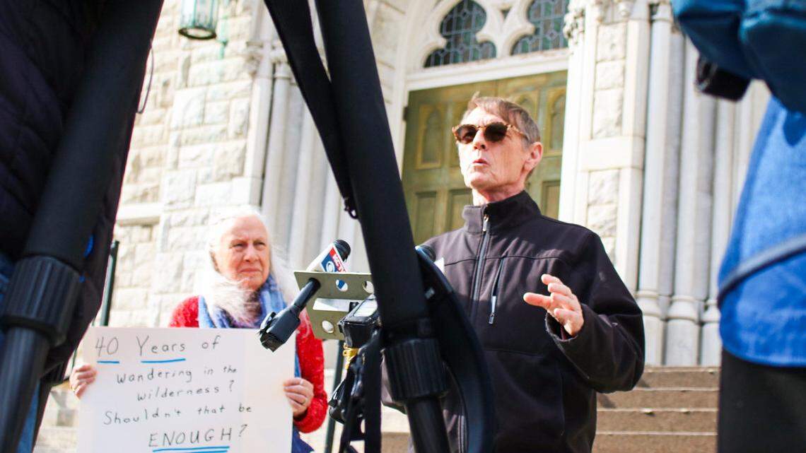 David Clohessy, volunteer Missouri director of Survivors Network of those Abused by Priests, speaks Thursday outside The Cathedral of St. Peter the Apostle in Kansas City, Kansas. Clohessy, among others, calls for the removal of leaders who have been accused of sexual abuse.