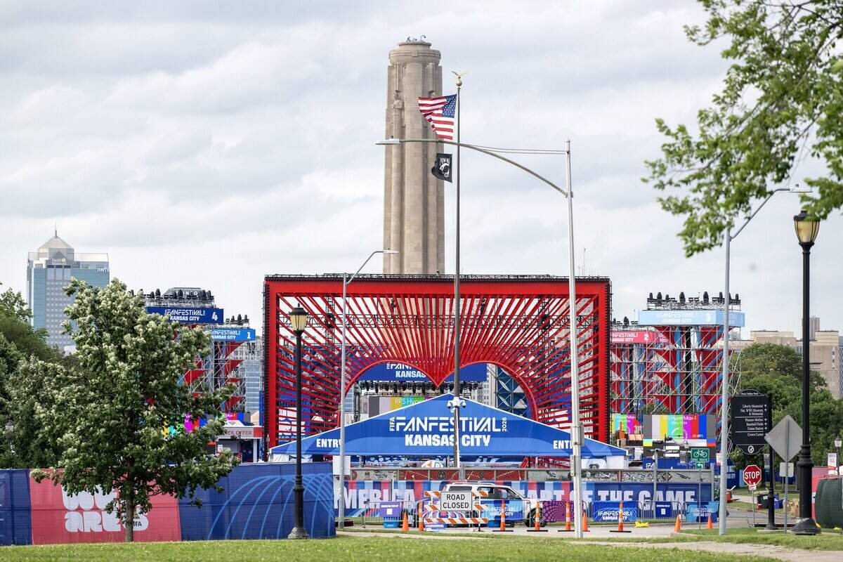 The FIFA Fan Festival site is seen from Wyandotte Street on Wednesday, June 10, 2026, in Kansas City.