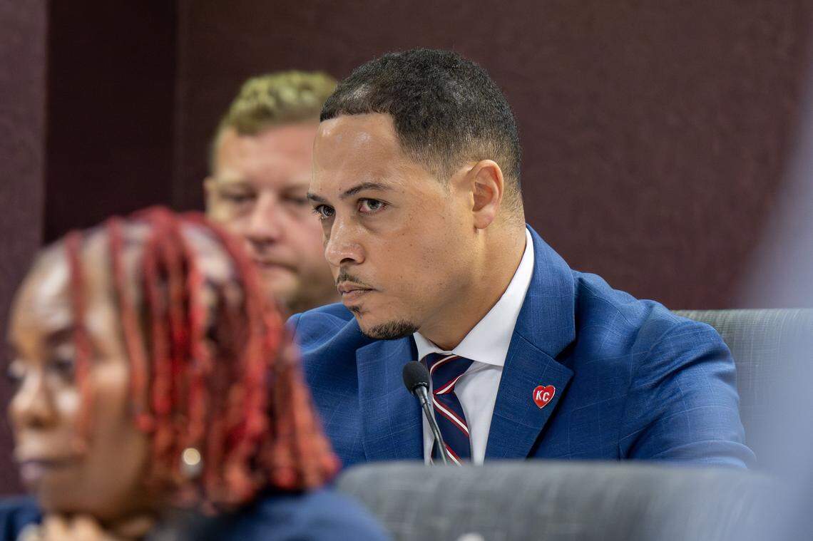 Rep. Mark Sharp, a Kansas City Democrat, watches as Rep. Dirk Deaton, a Noel Republican, sponsors a redistricting plan during a hearing at the Missouri Capitol on Thursday, Sept. 4, 2025, in Jefferson City.
