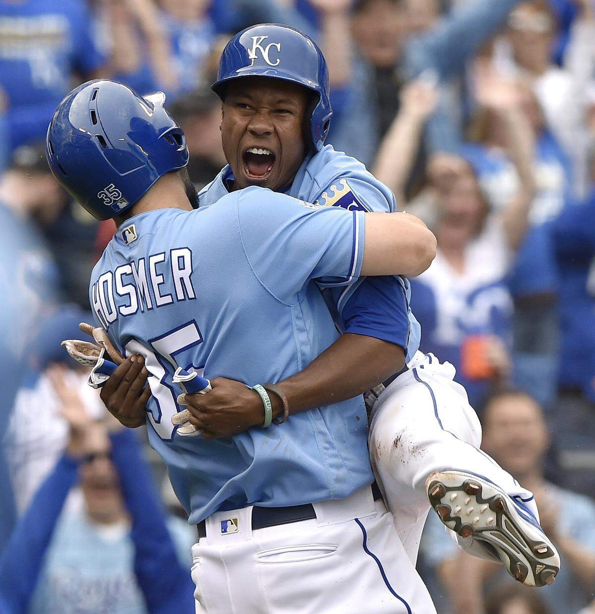 Royals speedster Terrance Gore leaps into the arms of Eric Hosmer after scoring on a wild pitch from Minnesota Twins reliever Trevor May for a 4-3 win on April 10, 2016 at Kauffman Stadium in Kansas City.