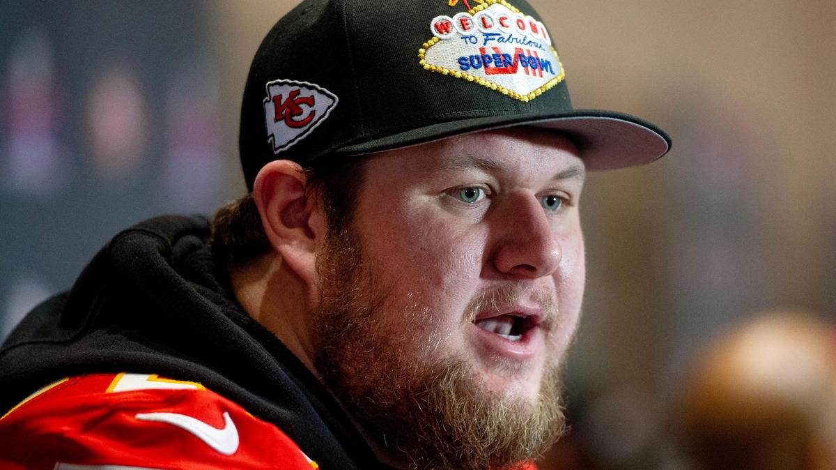 Kansas City Chiefs center Creed Humphrey speaks to reporters during media availability at the team hotel on Tuesday, Feb. 6, 2024, in Henderson, Nev.