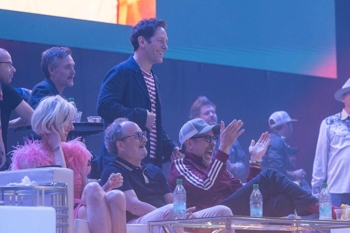 Paul Rudd, Jason Sudeikis, Heidi Gardner, and actor Kevin Pollack laugh on stage at the Big Slick fundraiser on Saturday, May 30, at T-Mobile Center. The annual fundraiser put on by famous Kansas City celebrities raises money for Children’s Mercy Hospital.