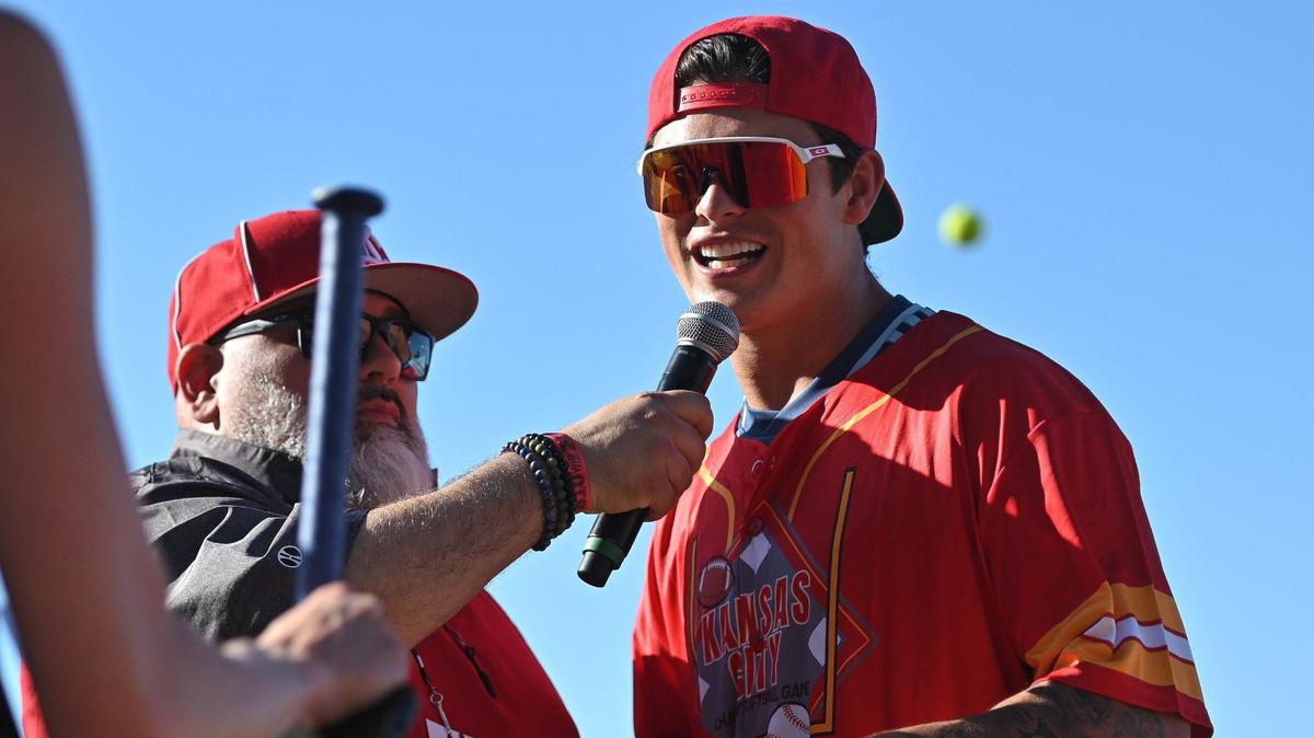 Kansas City Chiefs running back Louis Rees-Zammit explains his lack of experience playing softball during the home run derby where he hit several home runs on Thursday, June 6, 2024, at Legends Field in Kansas City, Kansas.