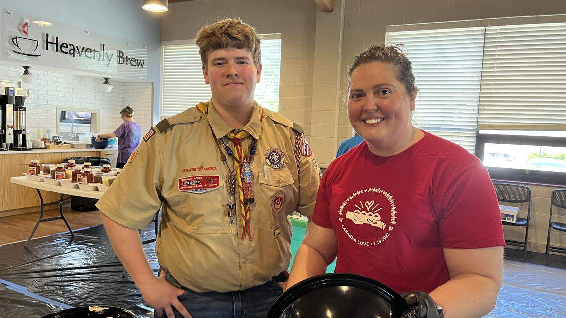 Mason Cooley, 15, with his mother, Sara Cooley, 43, on Saturday morning making lasagnas for families in need in partnership with Lasagna Love.