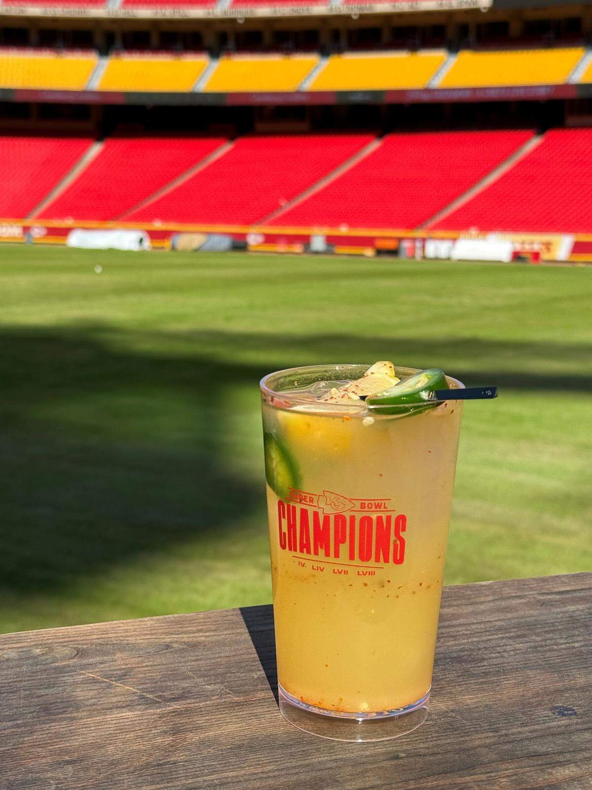 A specialty cocktail at Arrowhead Stadium, The Warmup, is made with muddled jalapeno, lime juice, pineapple juice and ginger beer.